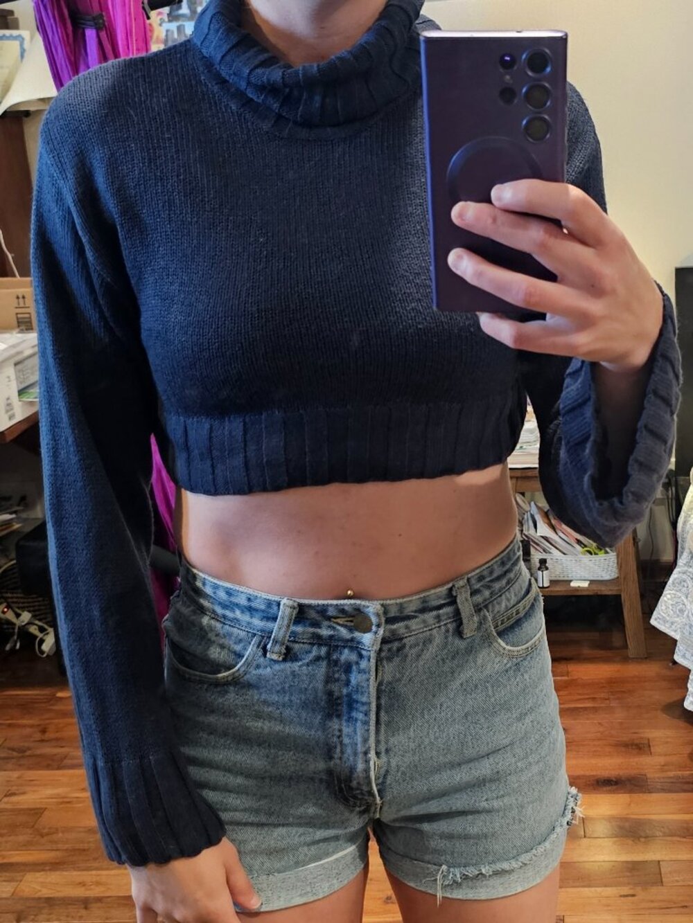 Women's Navy Blue Turtleneck Cropped Sweater